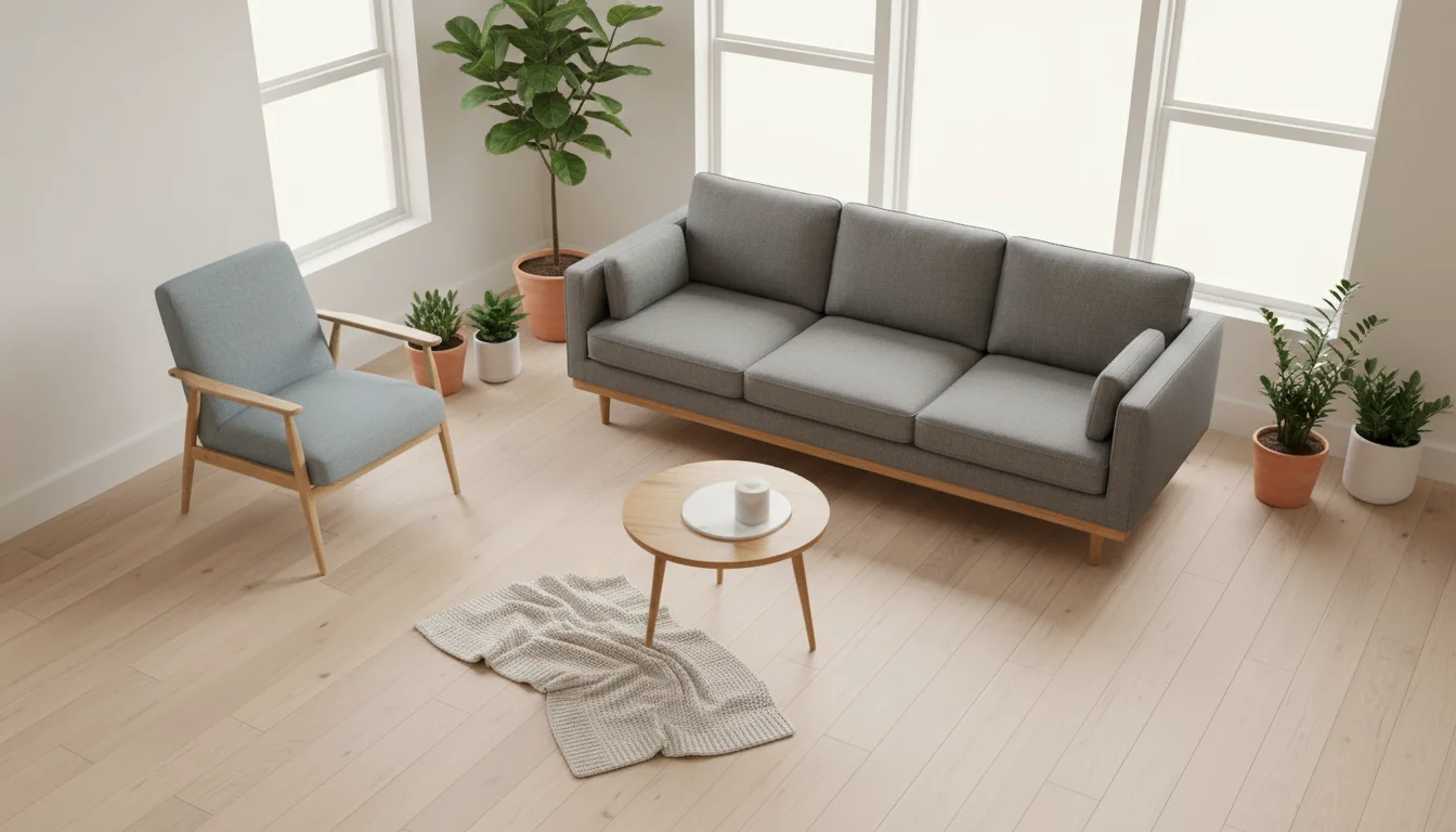 An elevated view of a bright living room with a grey sofa and an armchair, both proportioned perfectly for the space, creating an airy and cozy feel.