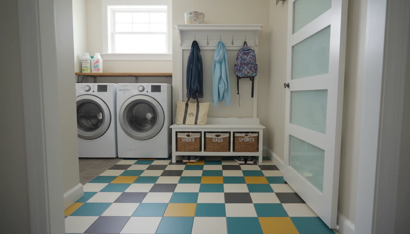 Wide-angle view of a bright mudroom with new geometric peel-and-stick floor tiles, organized bench, and coat rack.