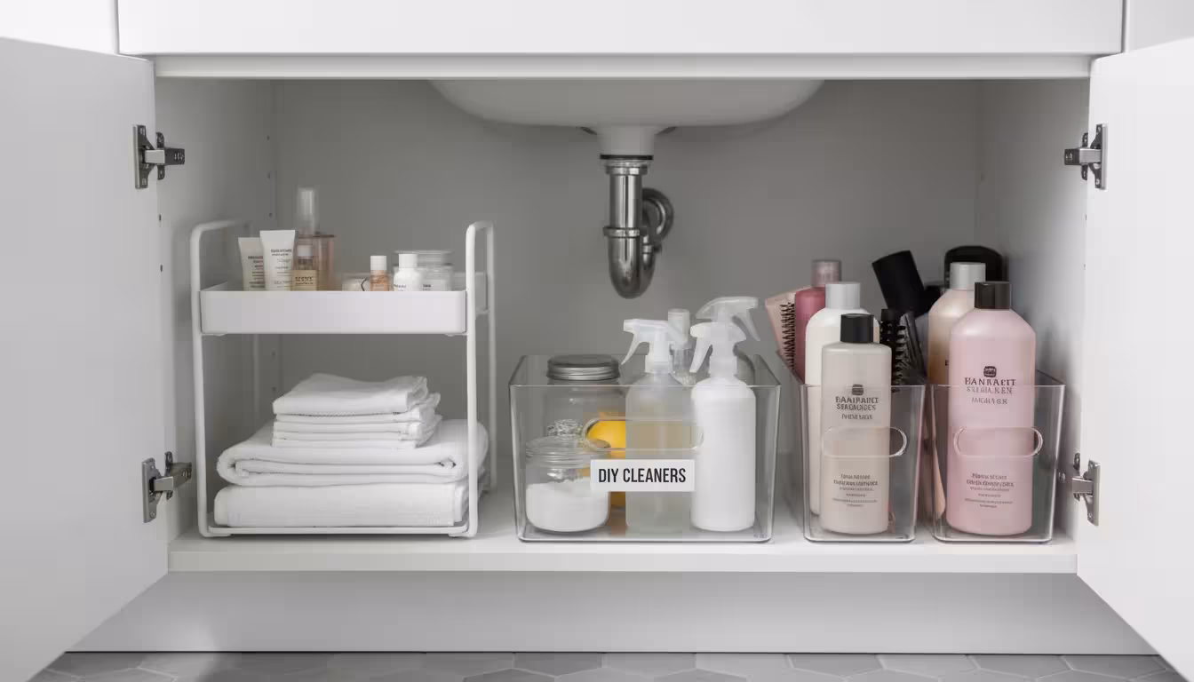 A bright, organized bathroom under-sink cabinet. Clear plastic bins hold toiletries and cleaning supplies. A stackable shelf stores towels, and a DIY 