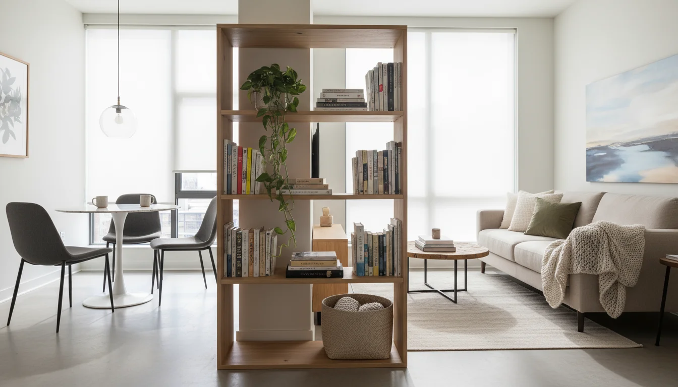 Eye-level shot of a bright, organized studio apartment featuring a freestanding open-backed shelving unit dividing a living area from a bedroom.