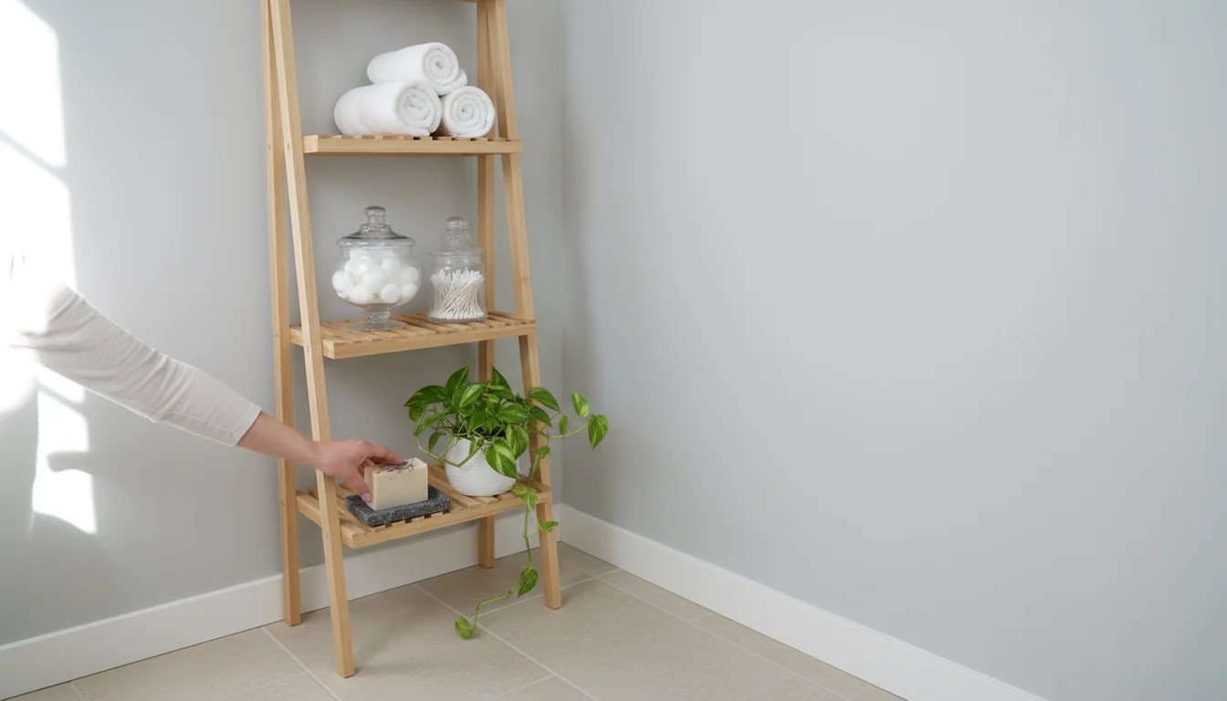 Bright small bathroom corner with a natural wood ladder shelf filled with organized towels, clear jars, a plant, and a hand placing soap.