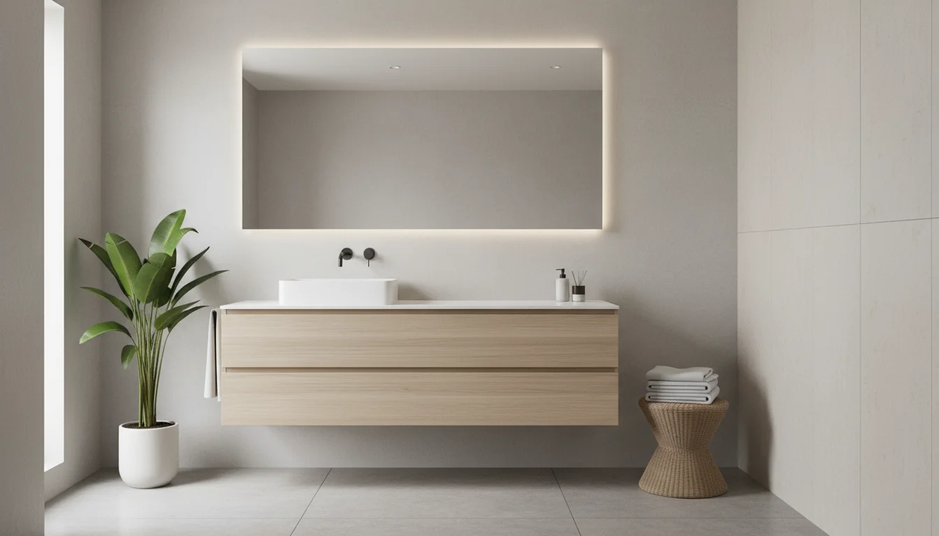 A bright, small bathroom featuring a light wood wall-mounted vanity with a white basin. A large frameless mirror hangs above the vanity, and a small p