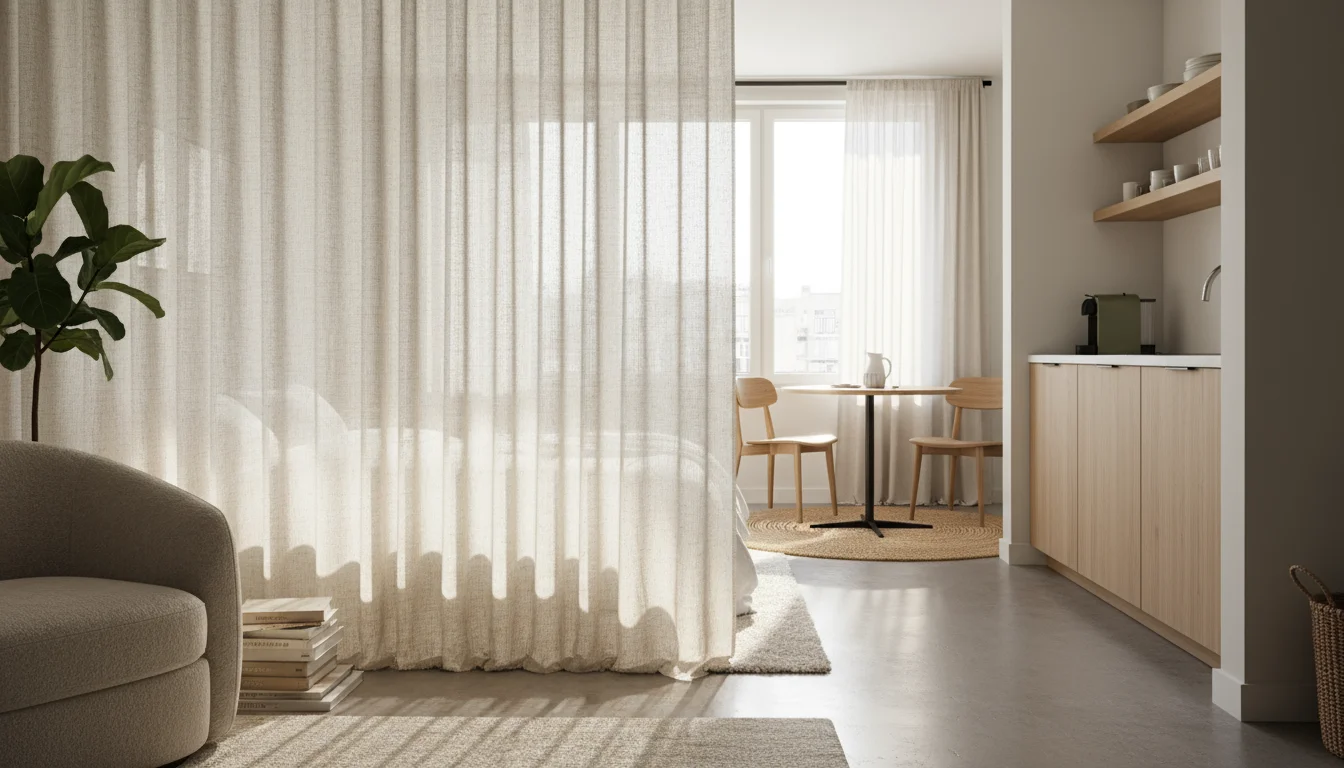 Eye-level view of a bright studio apartment, a sheer linen curtain creating a soft division for a sleeping area.
