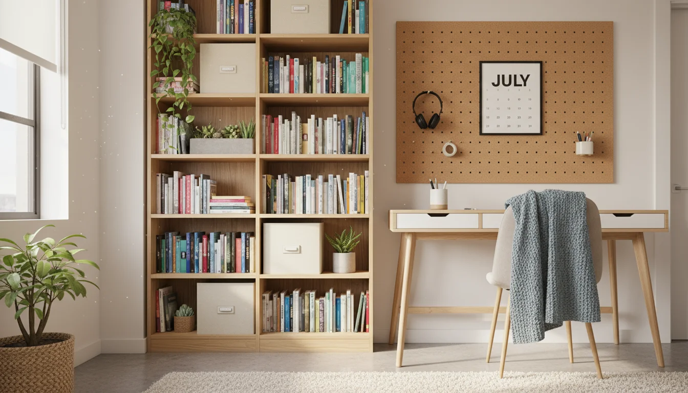 Bright studio apartment wall with tall bookcase, pegboard, and floating shelves, demonstrating practical vertical storage from a low angle.