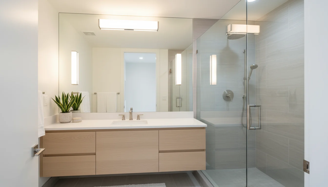 Bright windowless bathroom with a wide mirror over a white vanity, clear glass shower doors, and bright overhead and vanity lights.
