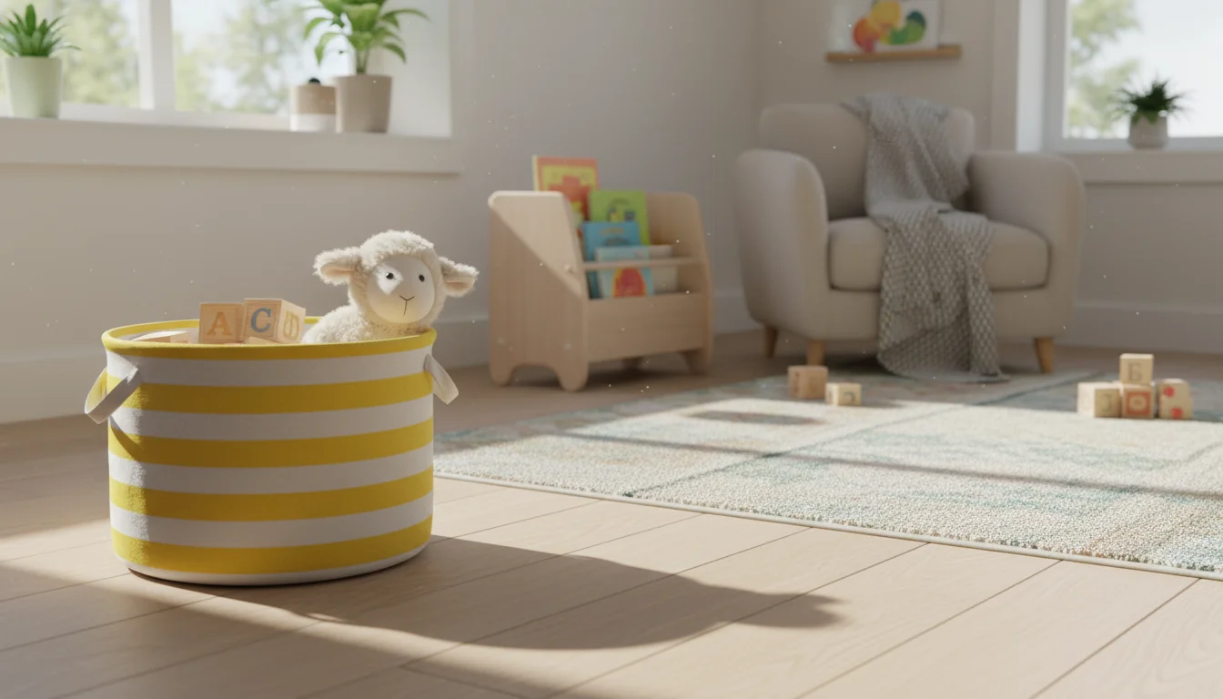 A brightly colored fabric bin with a few neatly organized toys sits on a rug. Some children's books are on the floor nearby.