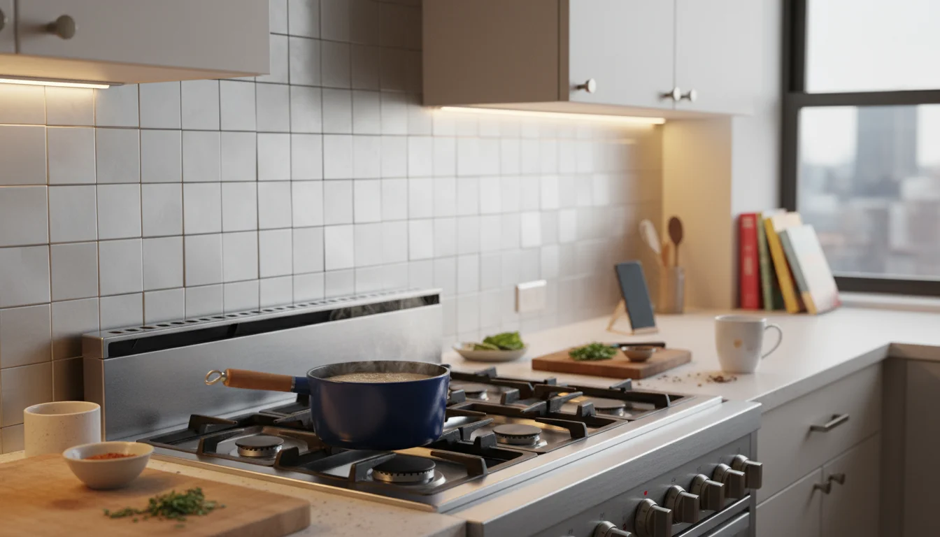 Brushed aluminum peel and stick tile backsplash behind a gas stovetop with a simmering pot and wooden cutting board.