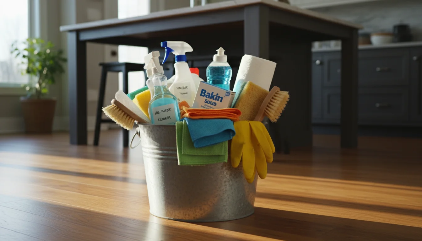 A bucket filled with various cleaning supplies on a kitchen floor, including spray bottles, dish soap, baking soda, microfiber cloths, and rubber glov
