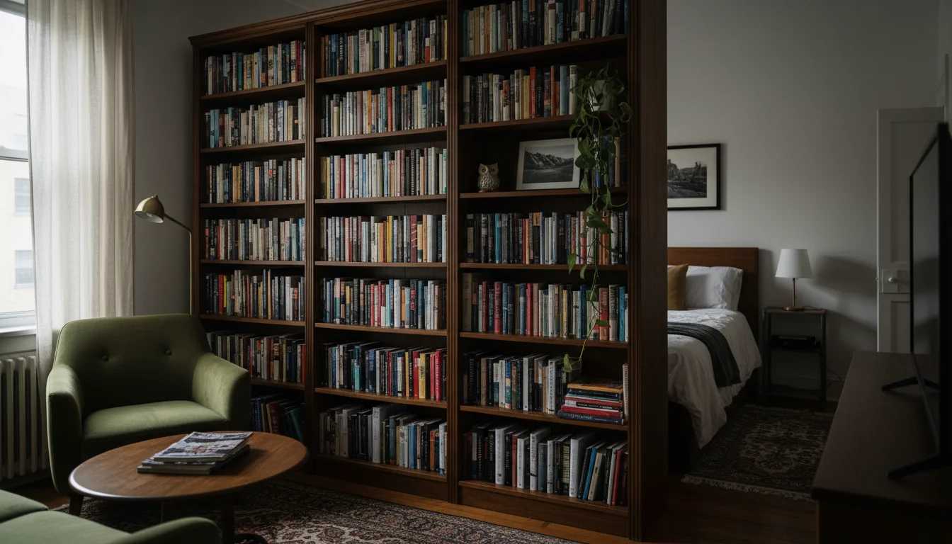 A bulky, dark wood bookshelf packed with books acts as an overwhelming room divider, casting a large shadow over a small armchair in a cramped studio 
