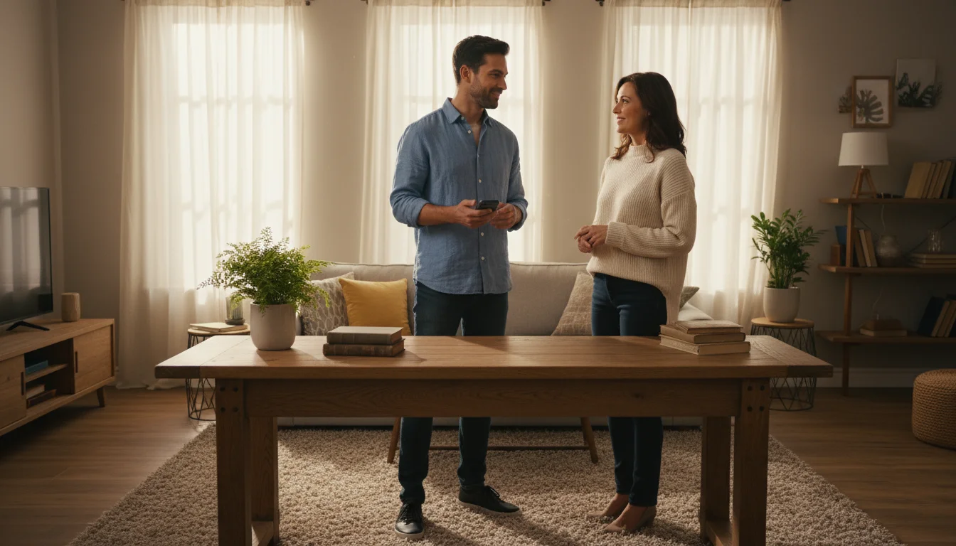 Buyer and seller smiling, making eye contact after agreeing on a secondhand wooden console table in a cozy living room.