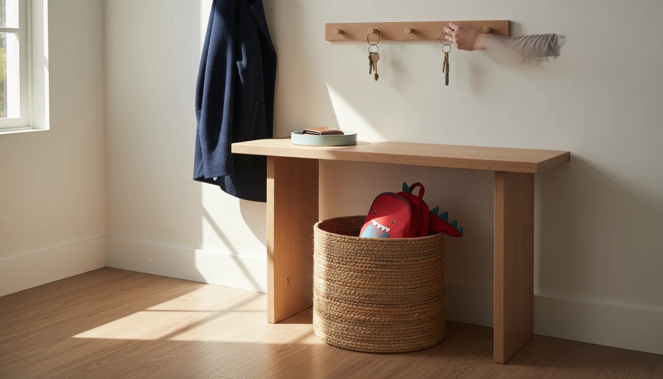 A calm, organized entryway. A hook rack holds keys and a coat. A console table has a tray with a wallet, and a basket holds a backpack. A hand places