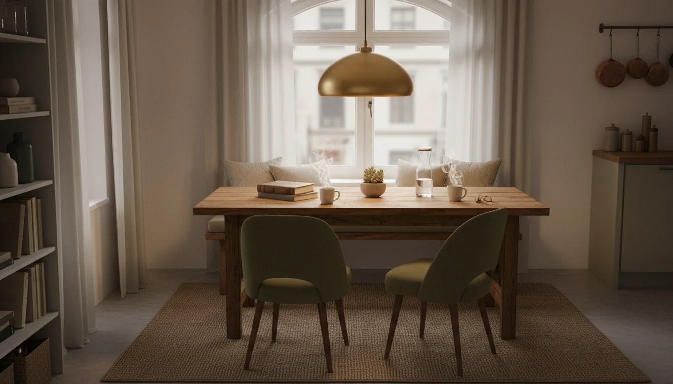 Candid shot of a dining nook with a modern brass pendant light casting a warm, even ambient glow over a wooden table with a mug and magazine.