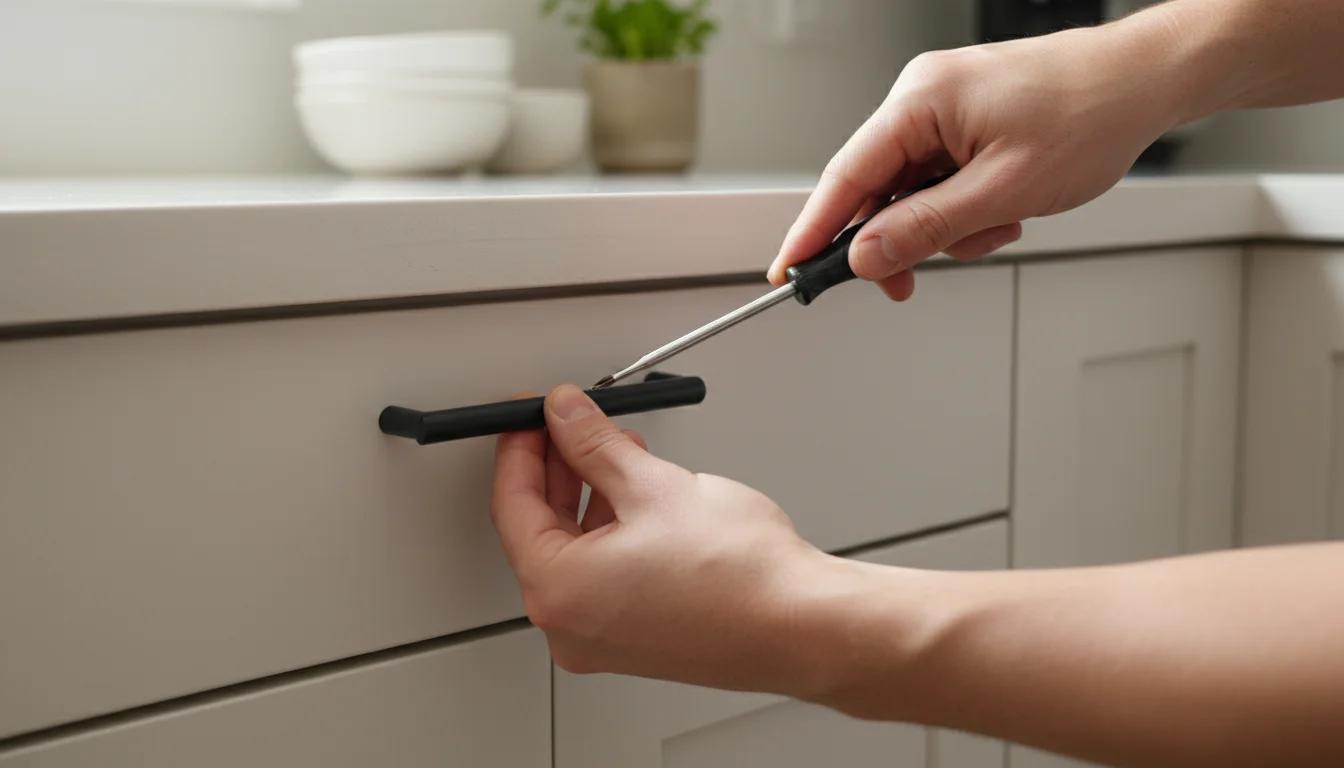 Candid close-up of hands installing a new matte black cabinet pull onto a light kitchen cabinet with a screwdriver, showing a quick, impactful update.