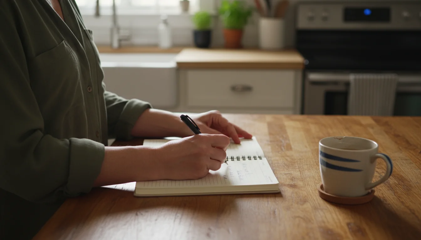 A candid, low-angle shot of a parent's hands writing an adjustment in a paper planner on a kitchen island, with coffee.