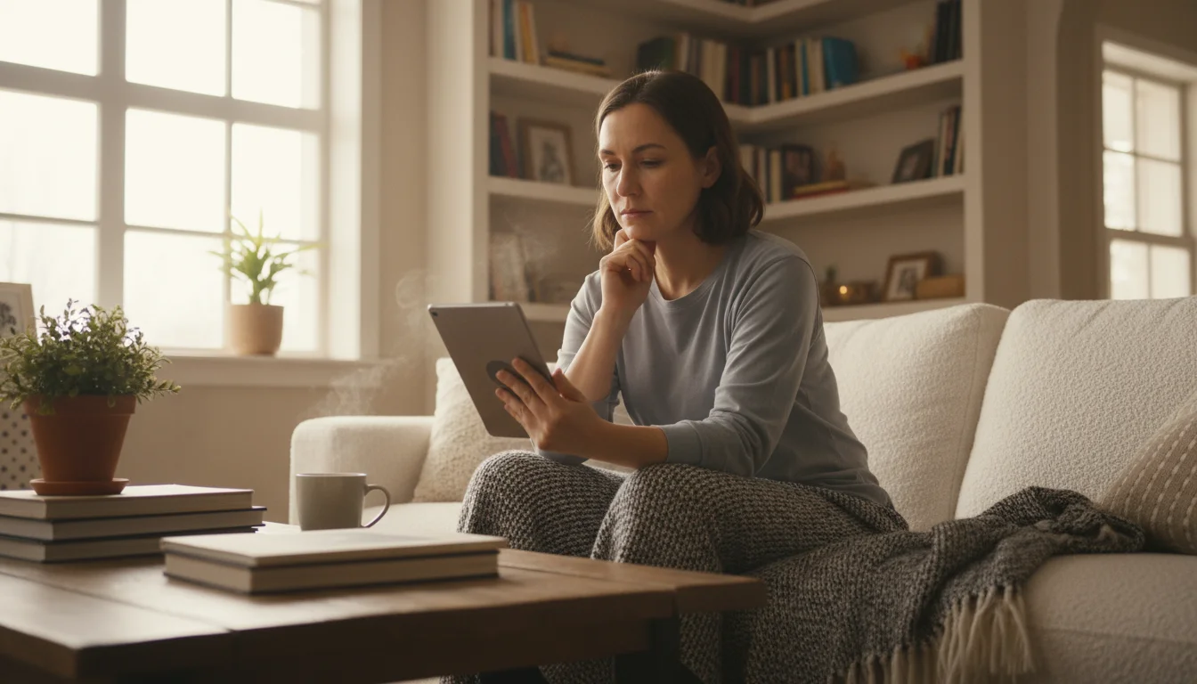 Candid wide shot of a person on a sofa reading a tablet, surrounded by a cozy, well-lit living room.