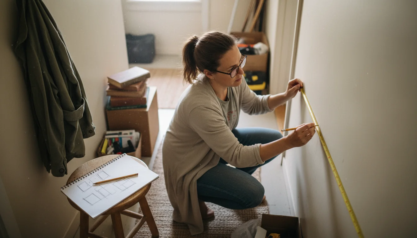 A candid shot of a woman in comfortable clothes measuring a neutral hallway wall with a tape measure. A notepad and pencil rest on a small stool nearb
