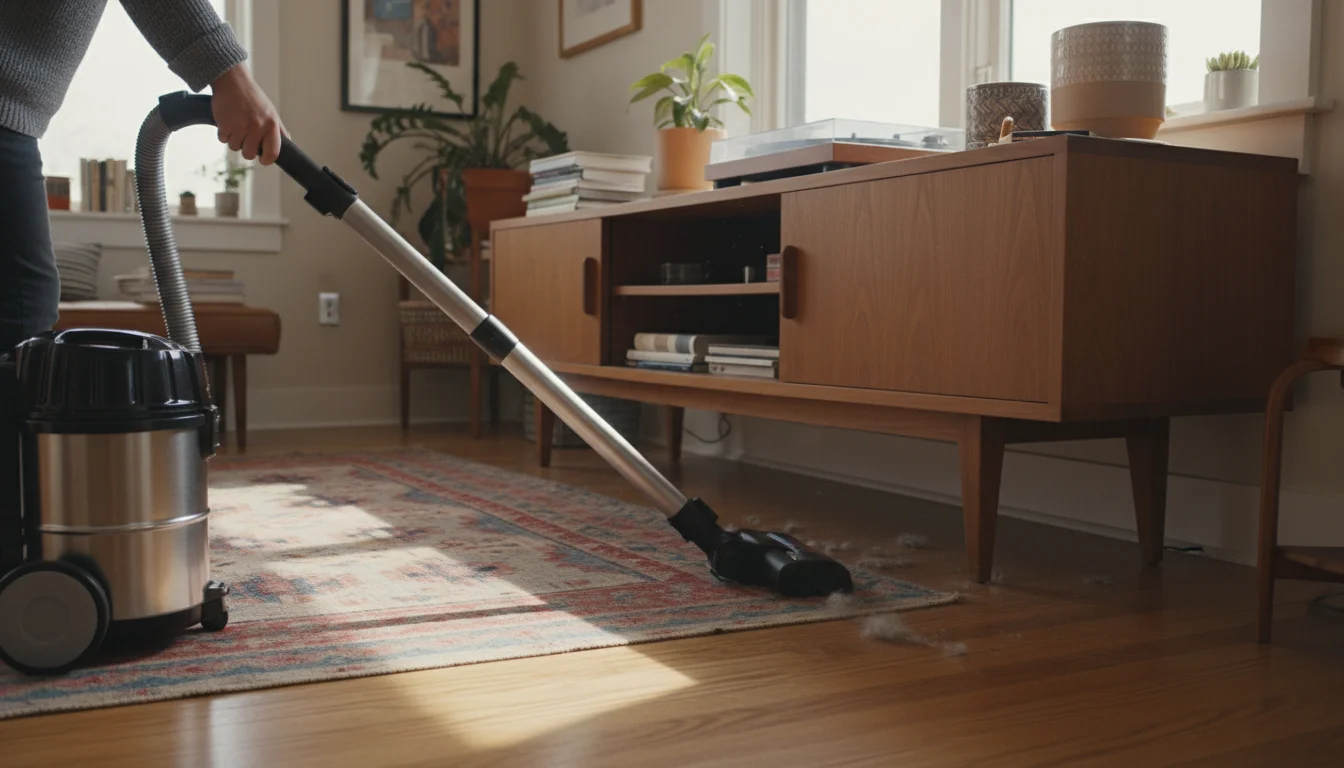 Canister vacuum wand with pet tool under a wooden credenza, cleaning a rug on hardwood, with a hand guiding.