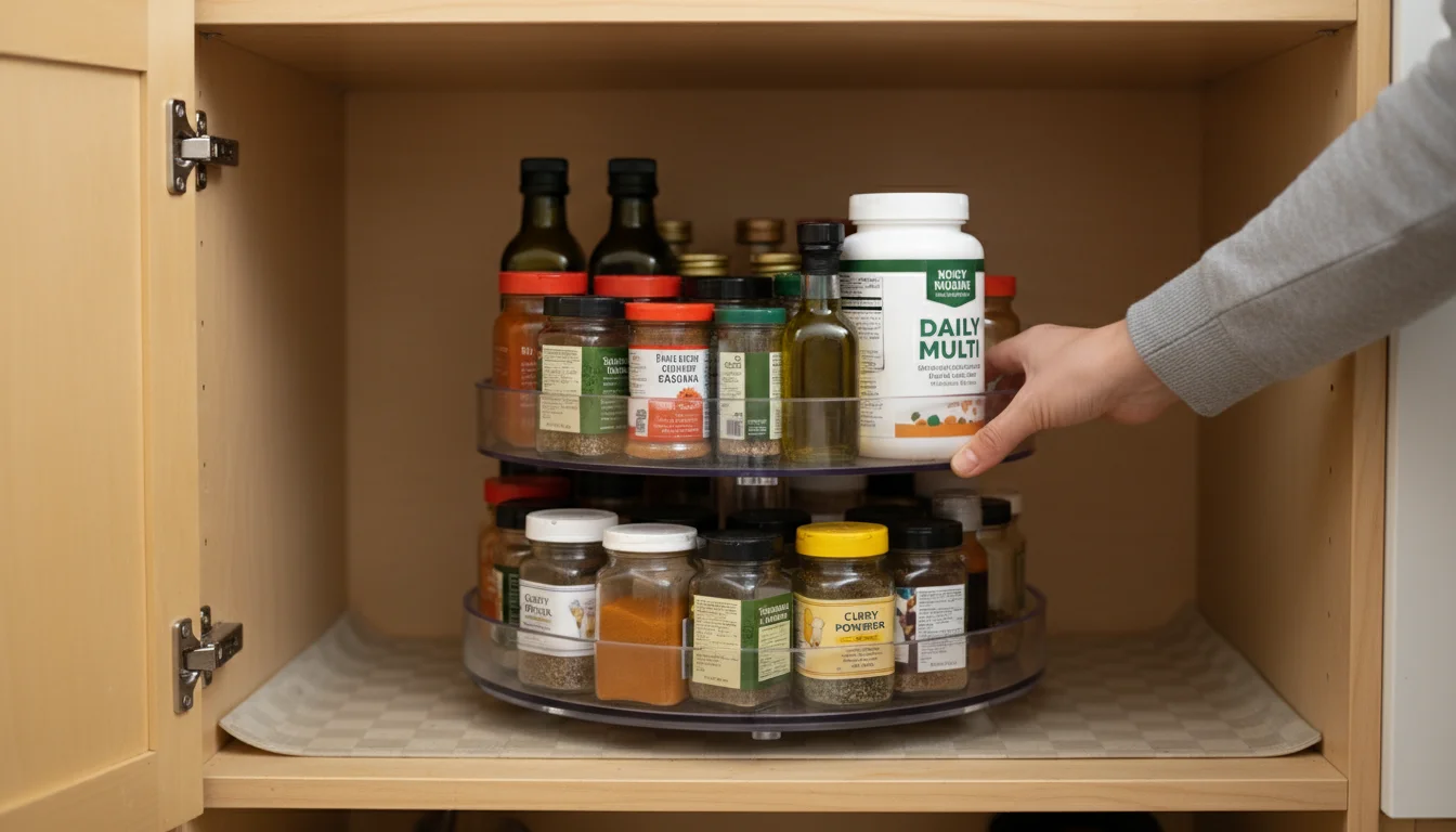 A casual hand spins a clear, two-tiered turntable in a deep pantry cabinet, moving spice jars and small bottles into view.