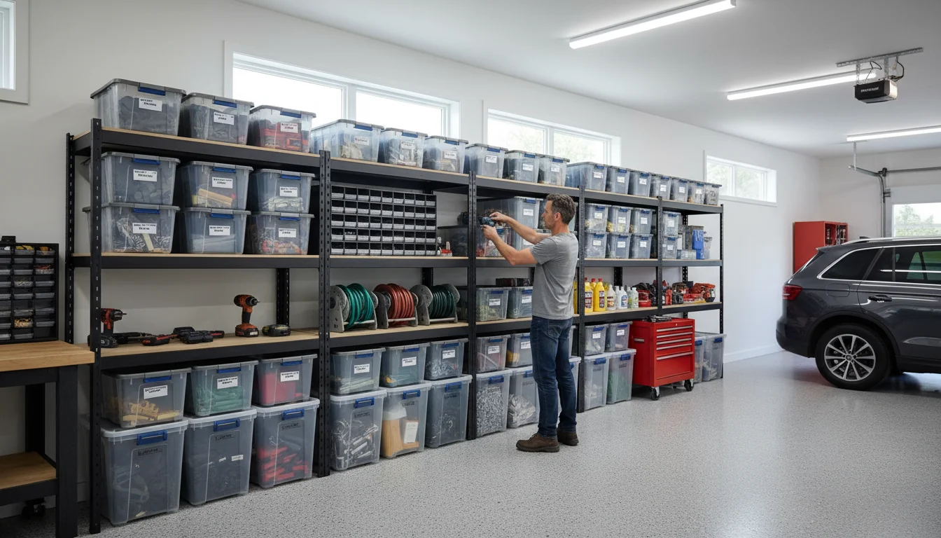 A casually dressed person reaches for a tool from a clear plastic storage bin on a shelf in a well-organized garage.