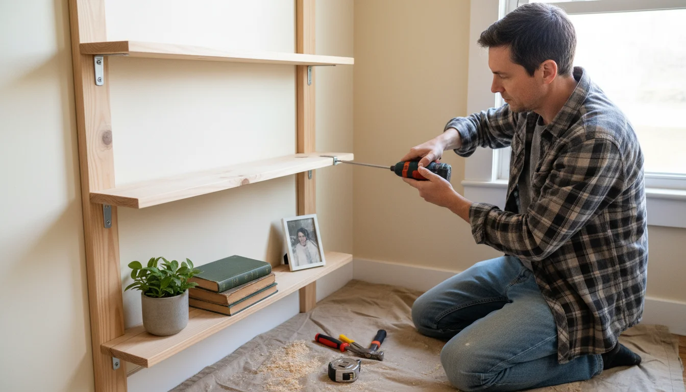 A casually dressed person uses a screwdriver to secure the final bracket on a simple, untreated pine vertical shelf unit.