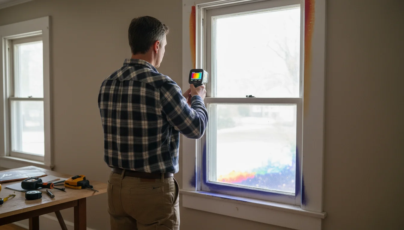 A certified energy auditor uses an infrared camera to scan a window frame, showing thermal differences on the screen, while a homeowner watches.