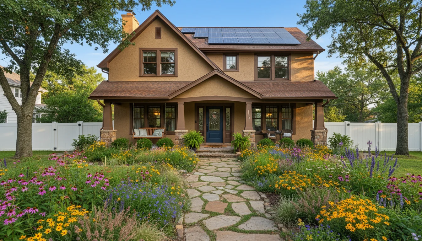 A charming two-story house with solar panels on the roof, a lush pollinator garden, and Adirondack chairs on the porch.