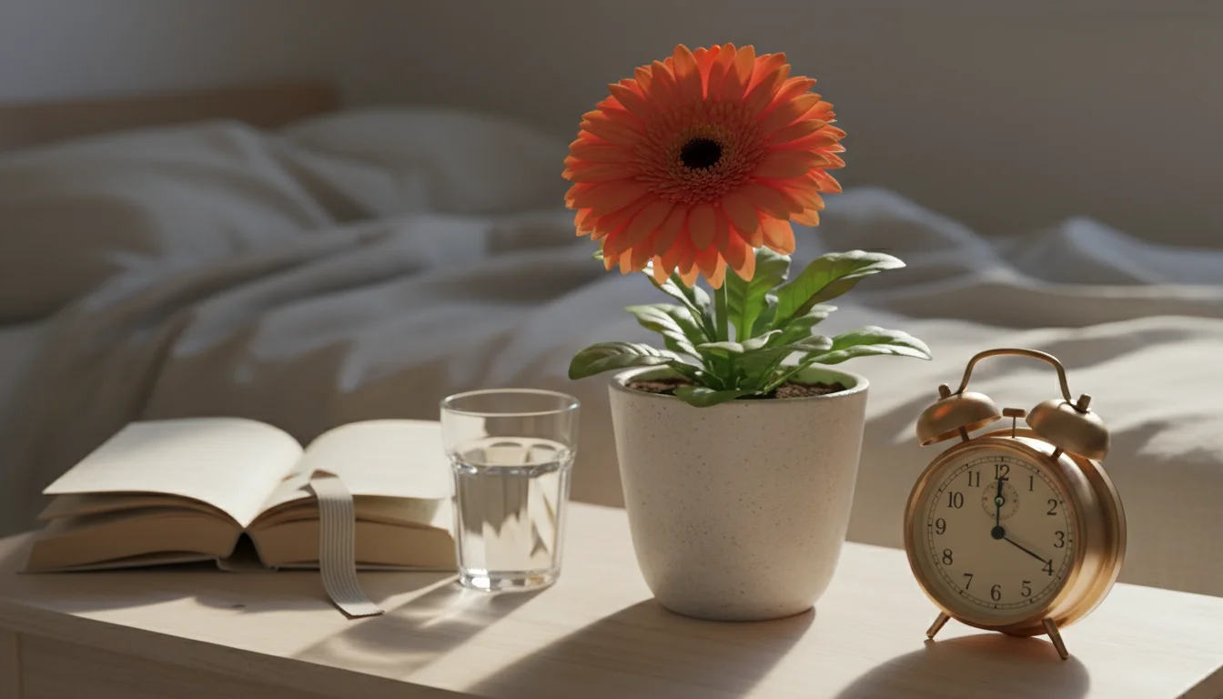 A cheerful orange Gerbera Daisy on a simple bedside table with a book, water glass, and analog alarm clock, bathed in soft morning light.