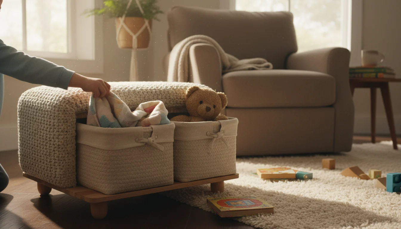 Child's hand placing a fabric bin of building blocks into an open, textured storage ottoman in a sunlit living room.