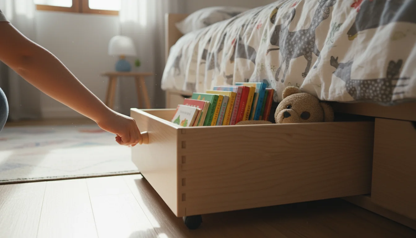 A child's hand pulls a rolling wooden drawer from under a bed, revealing colorful picture books and soft toys.