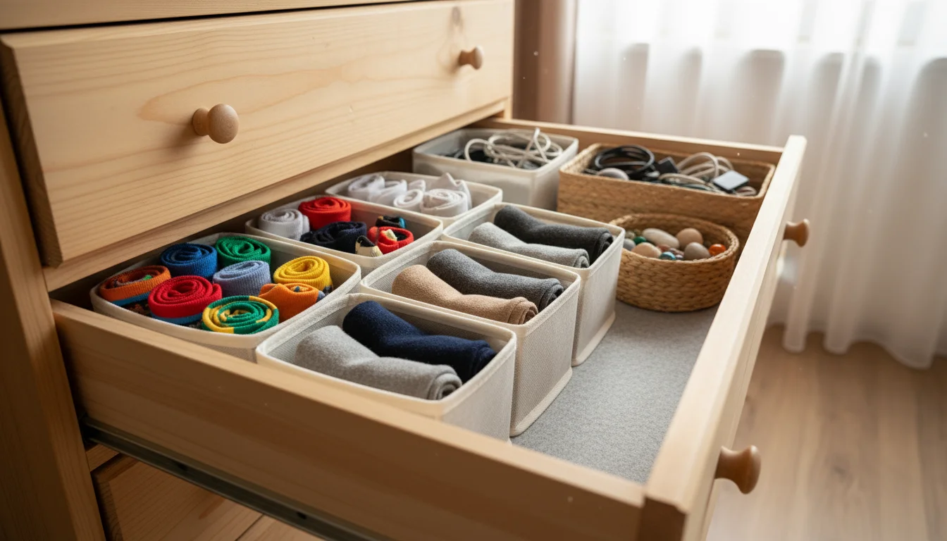 A child's hand reaches into a neatly organized dresser drawer, filled with fabric dividers holding colorful socks and folded underwear.