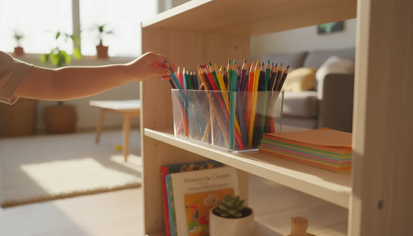 Child's hand reaching into a clear bin of colorful pencils on a wooden shelf, above a neutral-toned fabric storage bin.