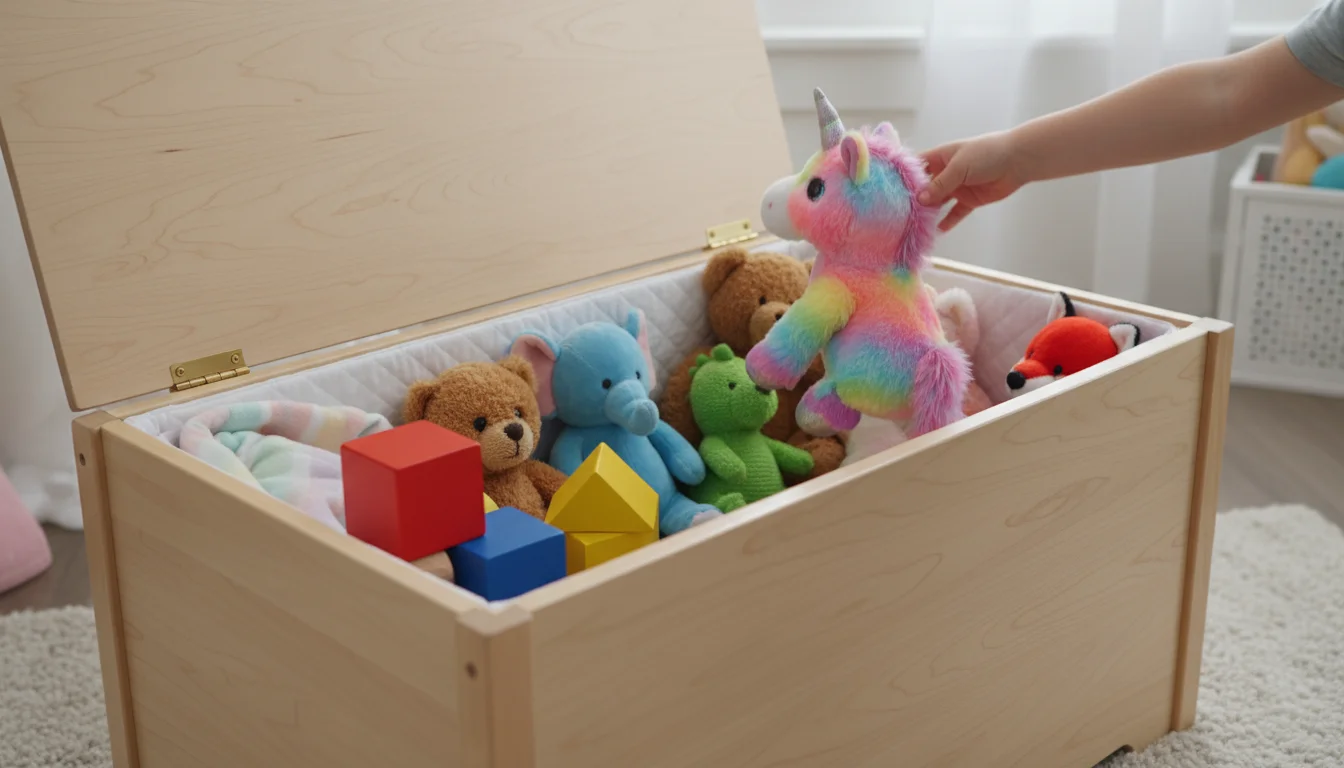 A child's hand tossing a plush toy into a half-filled, light wooden toy chest with its safety lid open.