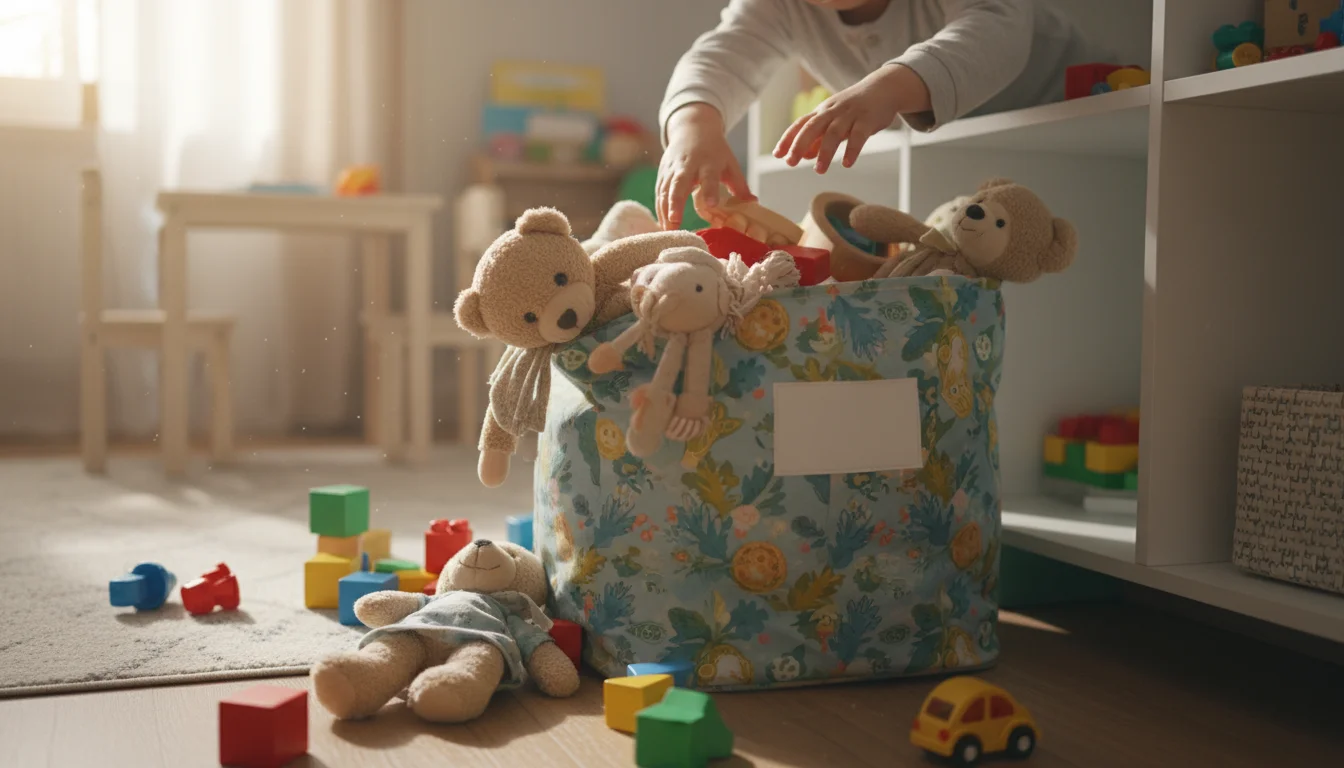 Child's hands pause over an overflowing, unlabeled fabric toy bin in a playroom, some toys on the floor.
