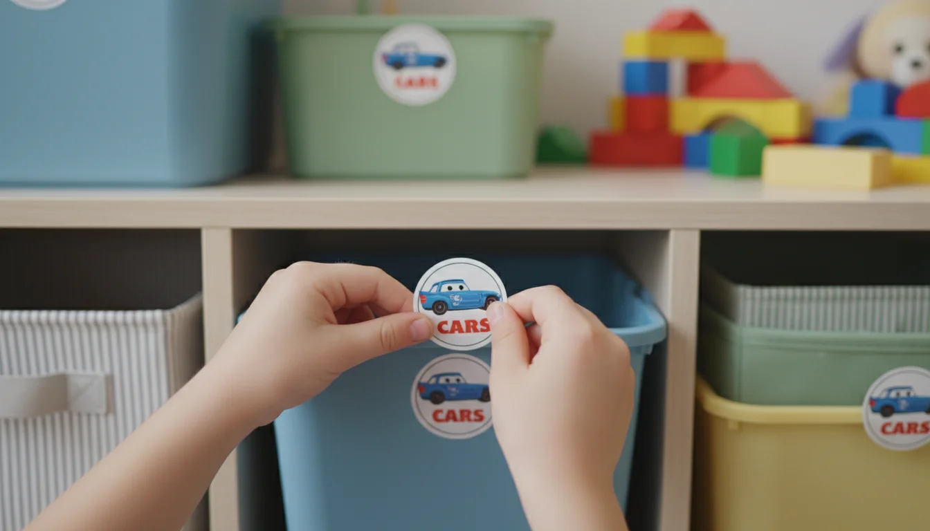 Child's hands peeling a sticker label with a car picture and the word 
