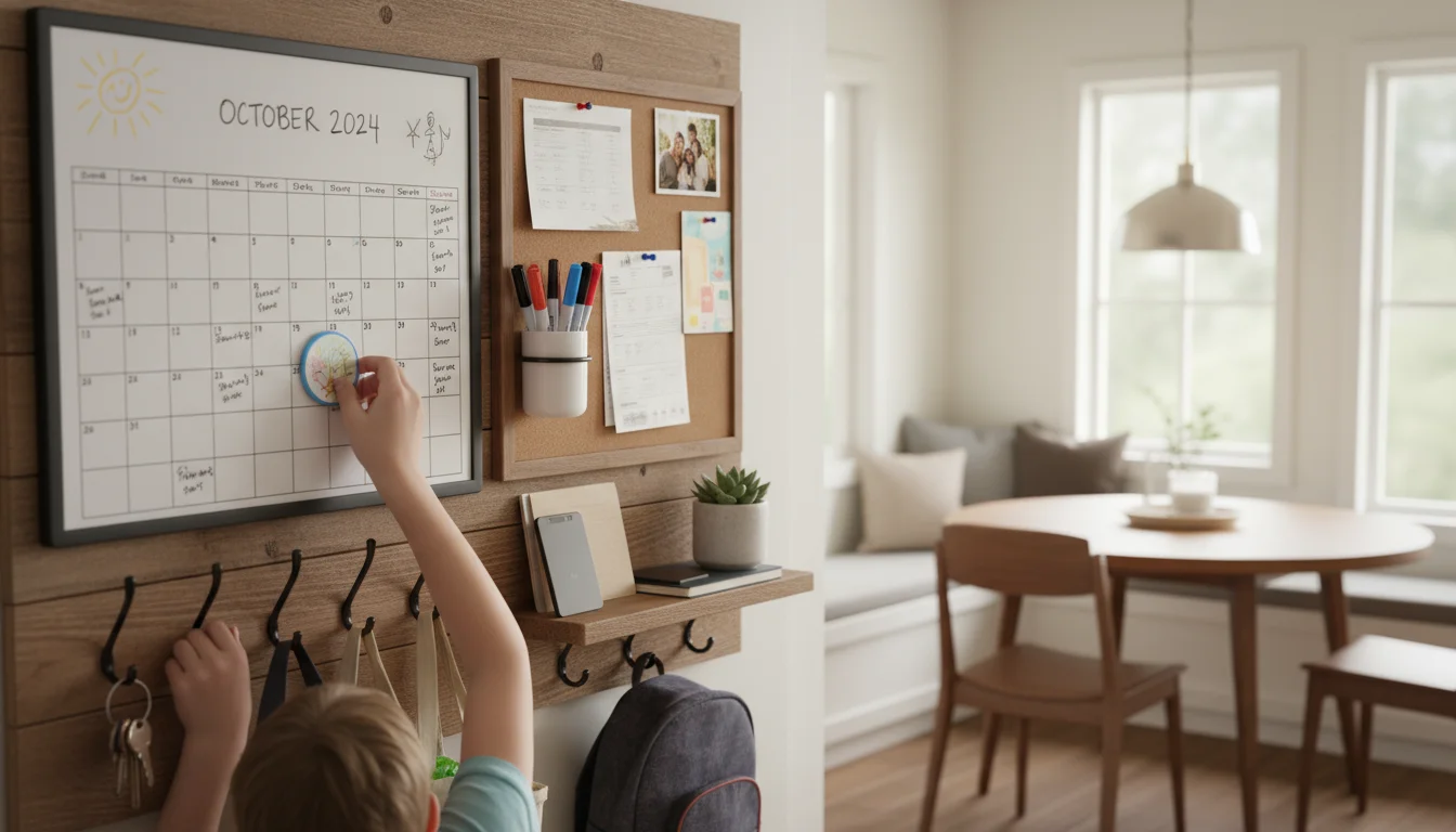 Child's hands placing a drawing on a magnetic family command center with a calendar, succulent, and organized pens on a warm-toned wall.