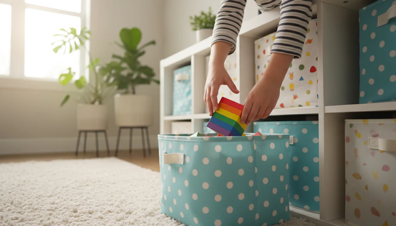 Child's hands putting a colorful building block into a labeled fabric storage bin in an organized, sunlit living room.