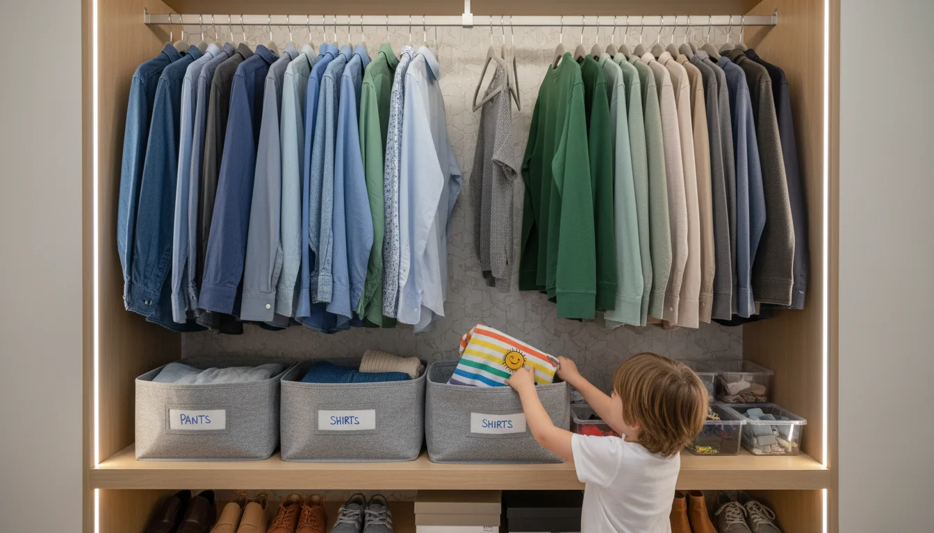 A child's hands putting a folded shirt into a labeled fabric bin in a well-organized family closet.