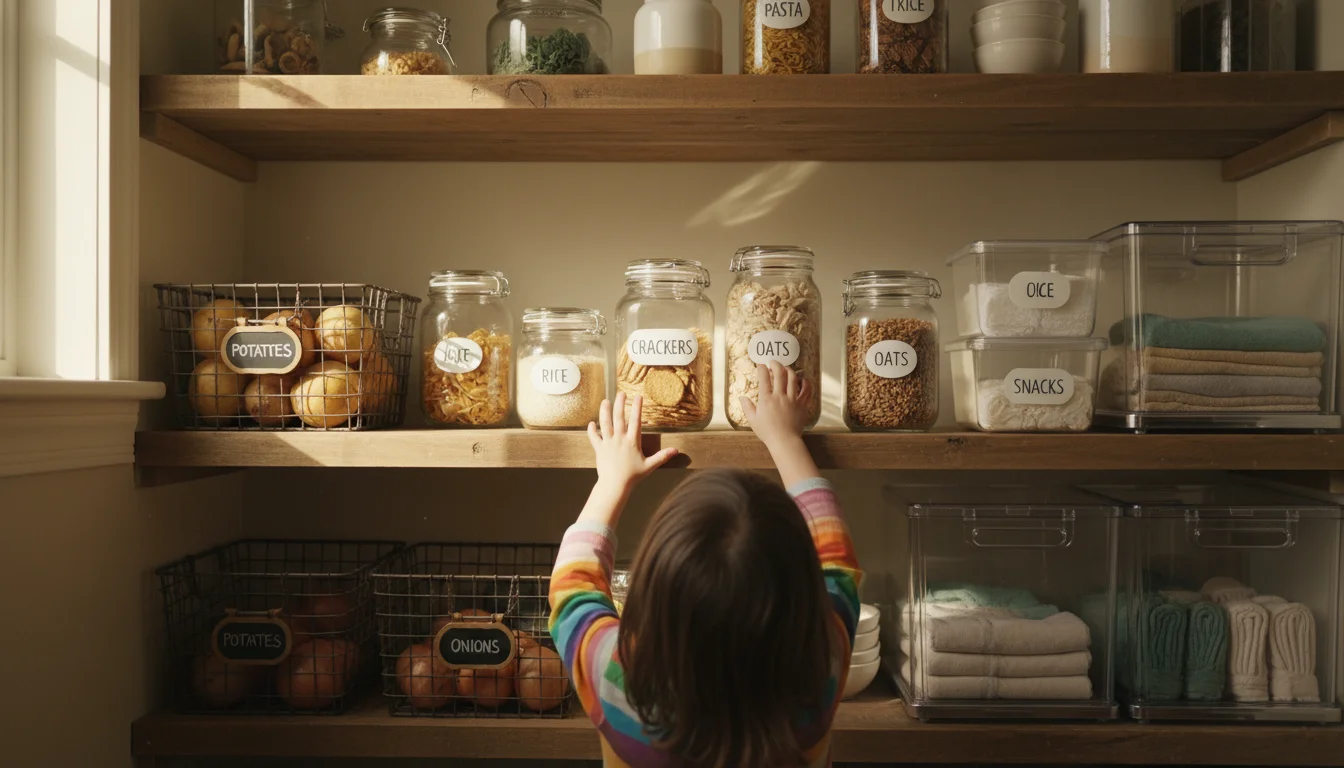 A child's hands reach for a clearly labeled cracker container in a brightly lit, organized pantry. Other uniformly labeled bins are visible.
