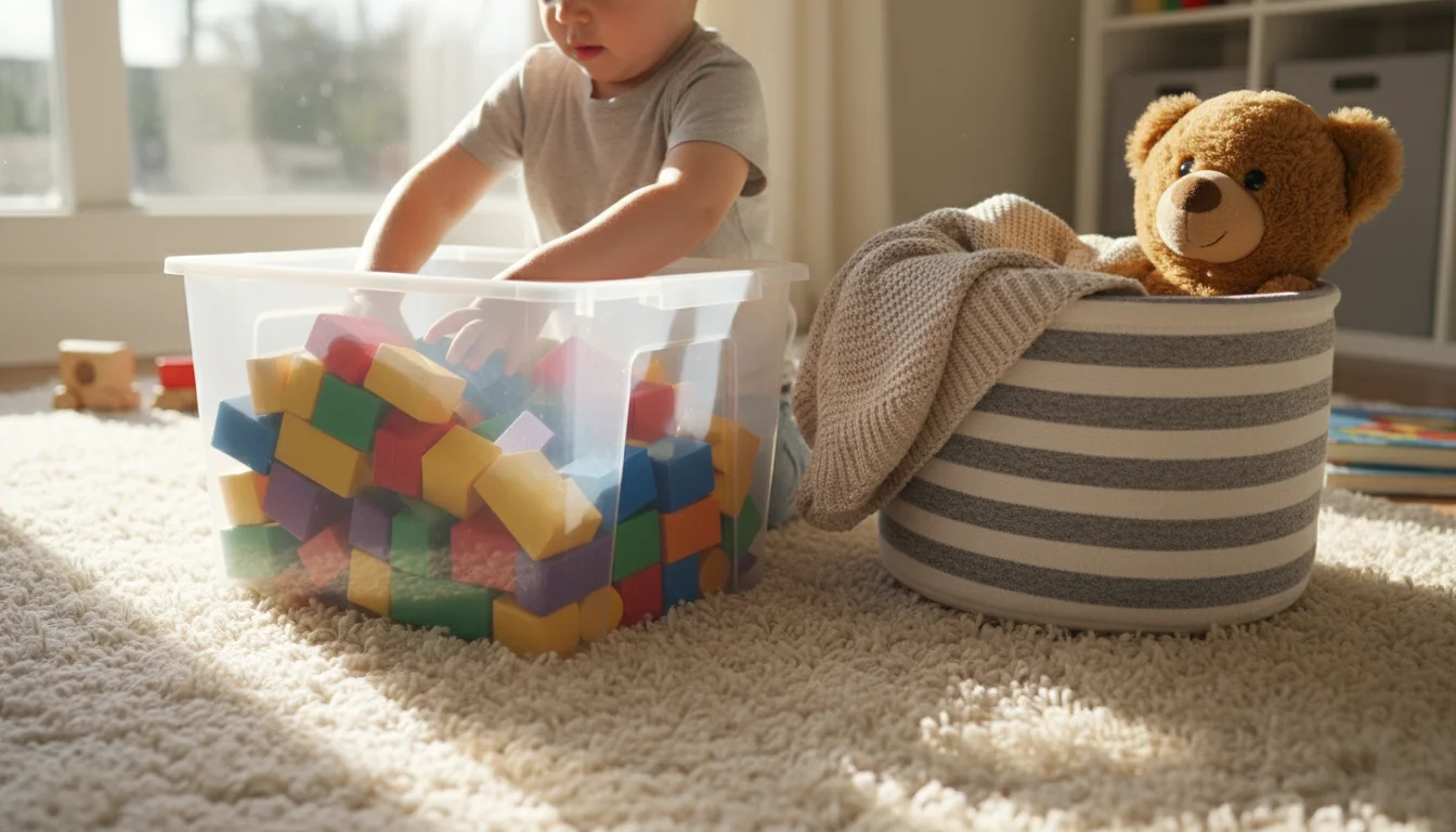 A child's hands reaching into a clear bin of colorful blocks on a soft rug, with a fabric bin holding a blanket and plush toy nearby.