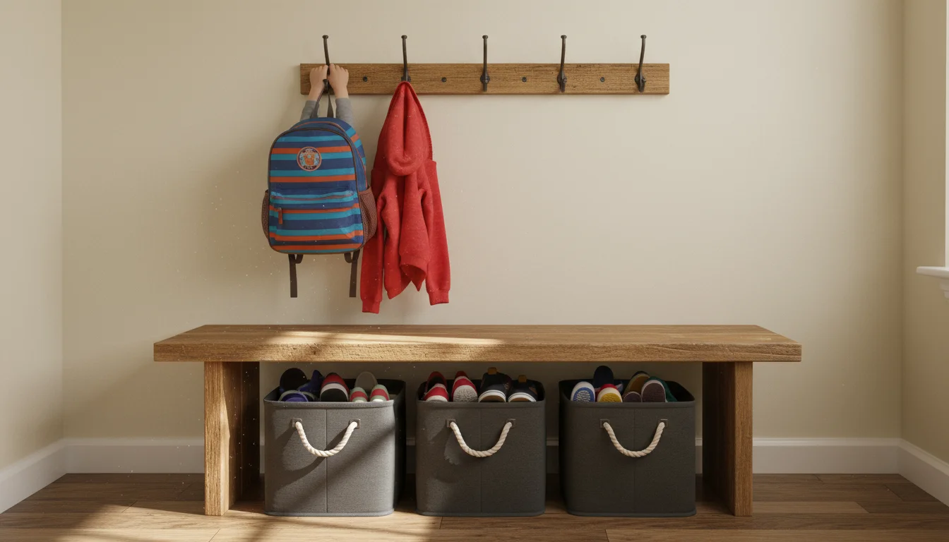 Child hanging backpack on simple wall hooks above a DIY wooden bench with fabric shoe bins in a cozy, budget-friendly entryway.