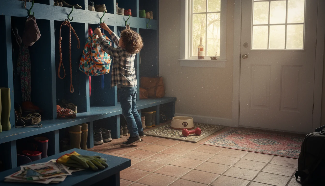 A child hangs a backpack on a low hook in a mudroom, next to a pet zone with a water bowl and leash.