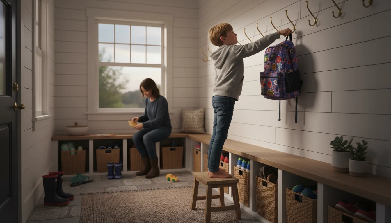 A child hangs a backpack in a warm mudroom as a parent sorts mail in the background, showing daily tidying.