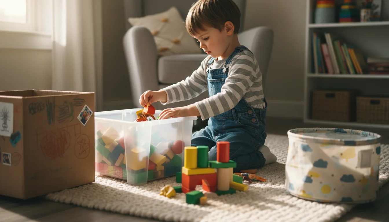 Child kneeling on a light rug, placing colorful toys into a decorated cardboard box, clear plastic bin, and fabric cube on a wooden crate shelf.