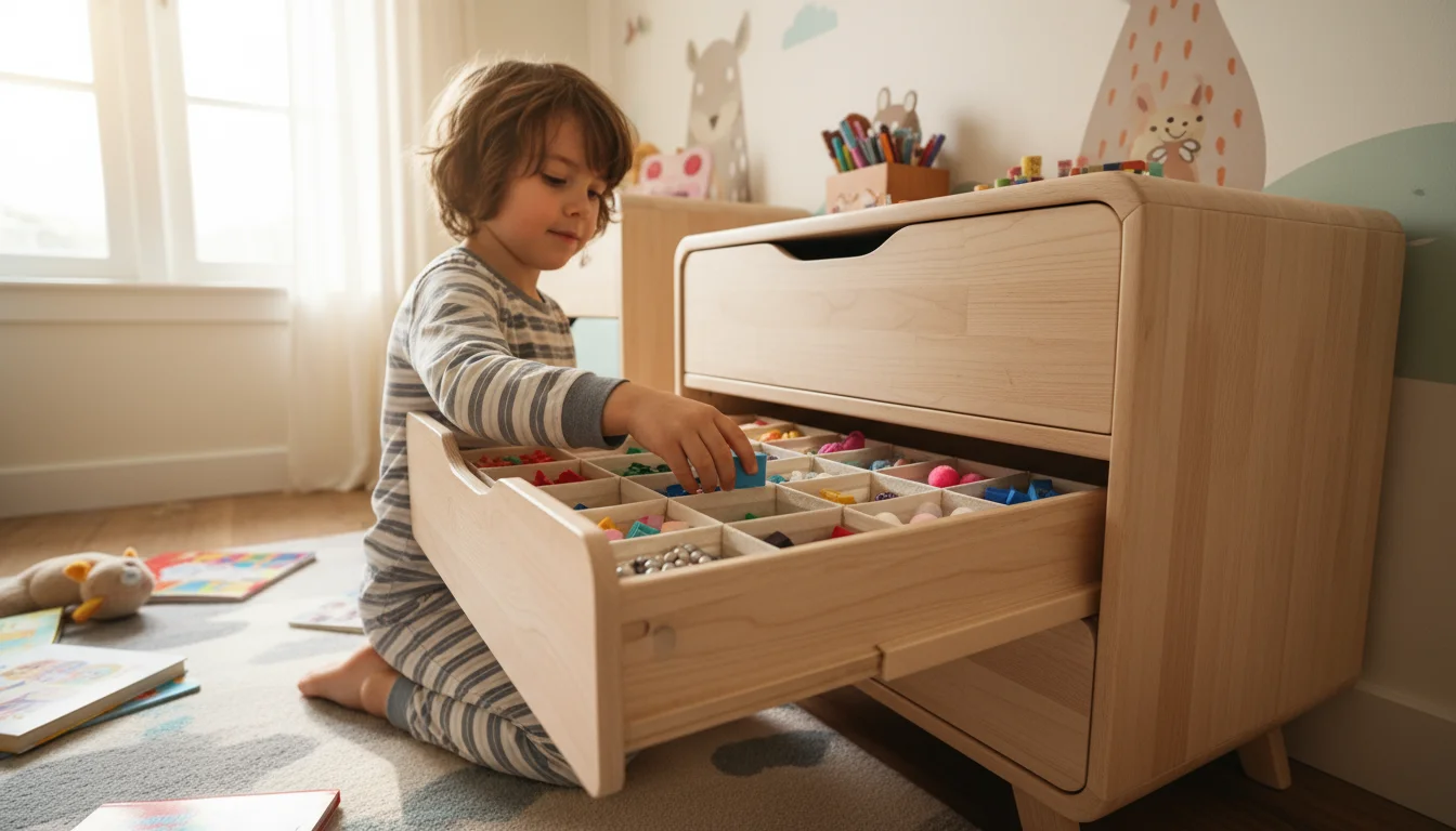 A child kneels beside an open dresser drawer filled with organized colorful toys and craft supplies.