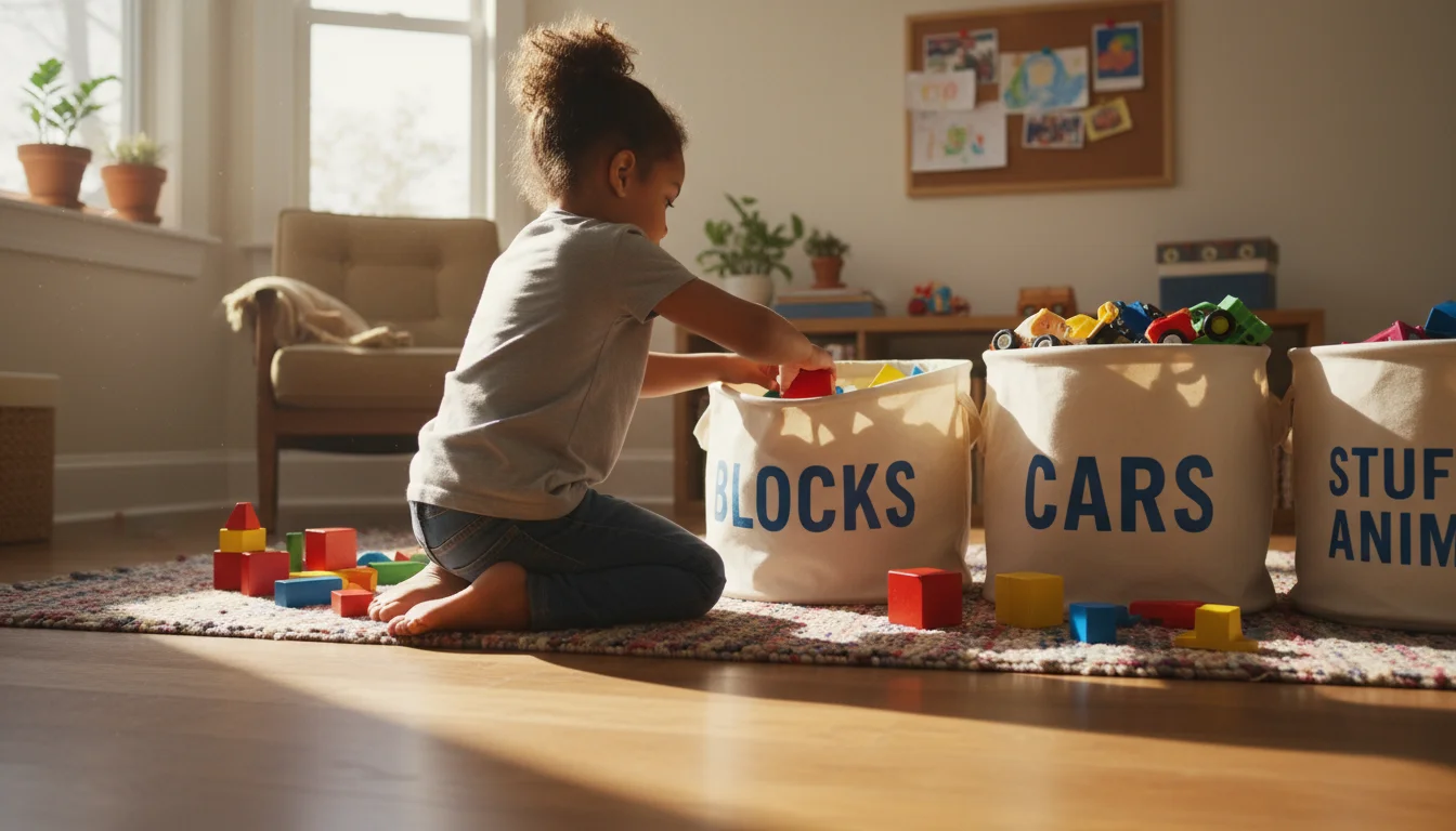 A child kneels, placing a red block into a labeled 