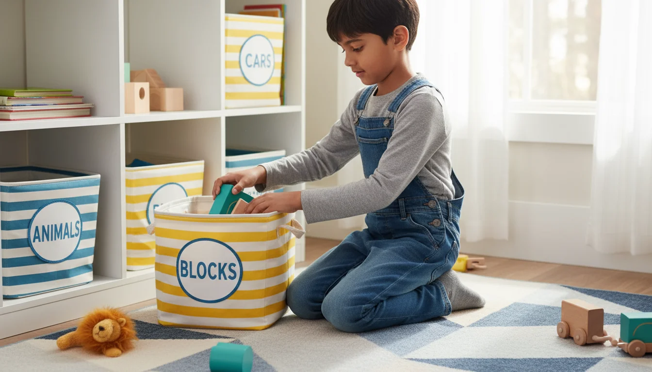 A child kneels on a rug, putting a toy block into a labeled fabric bin on a low shelf in their organized, cozy bedroom play zone.
