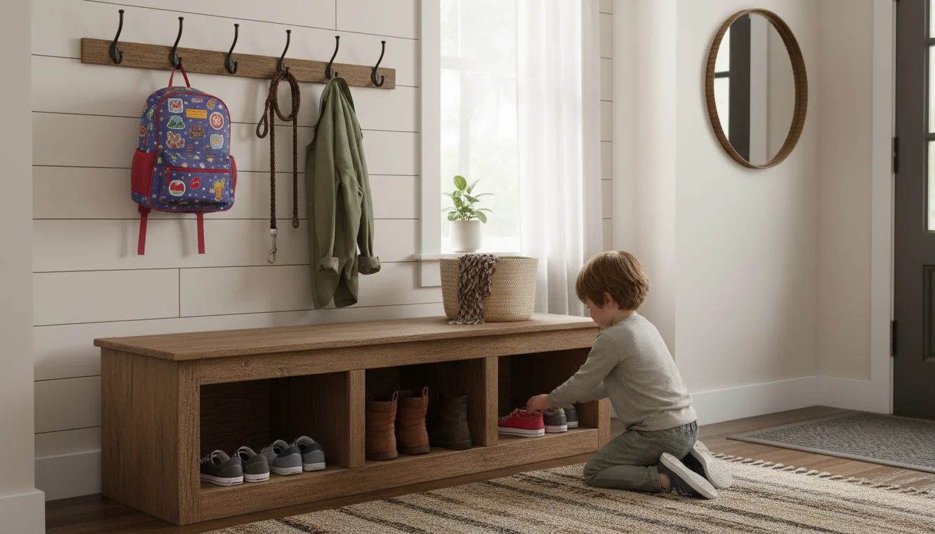 A child kneels in a small, organized entryway with a wooden bench, shoe cubbies, wall hooks, and a shelf for everyday items.
