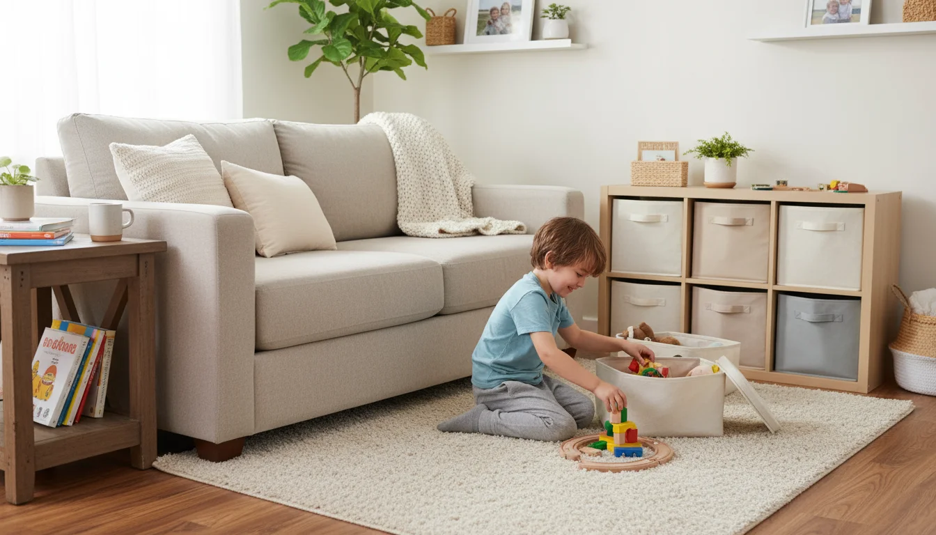Child putting a toy block into a fabric bin in a stylish wood organizer within a cozy living room.