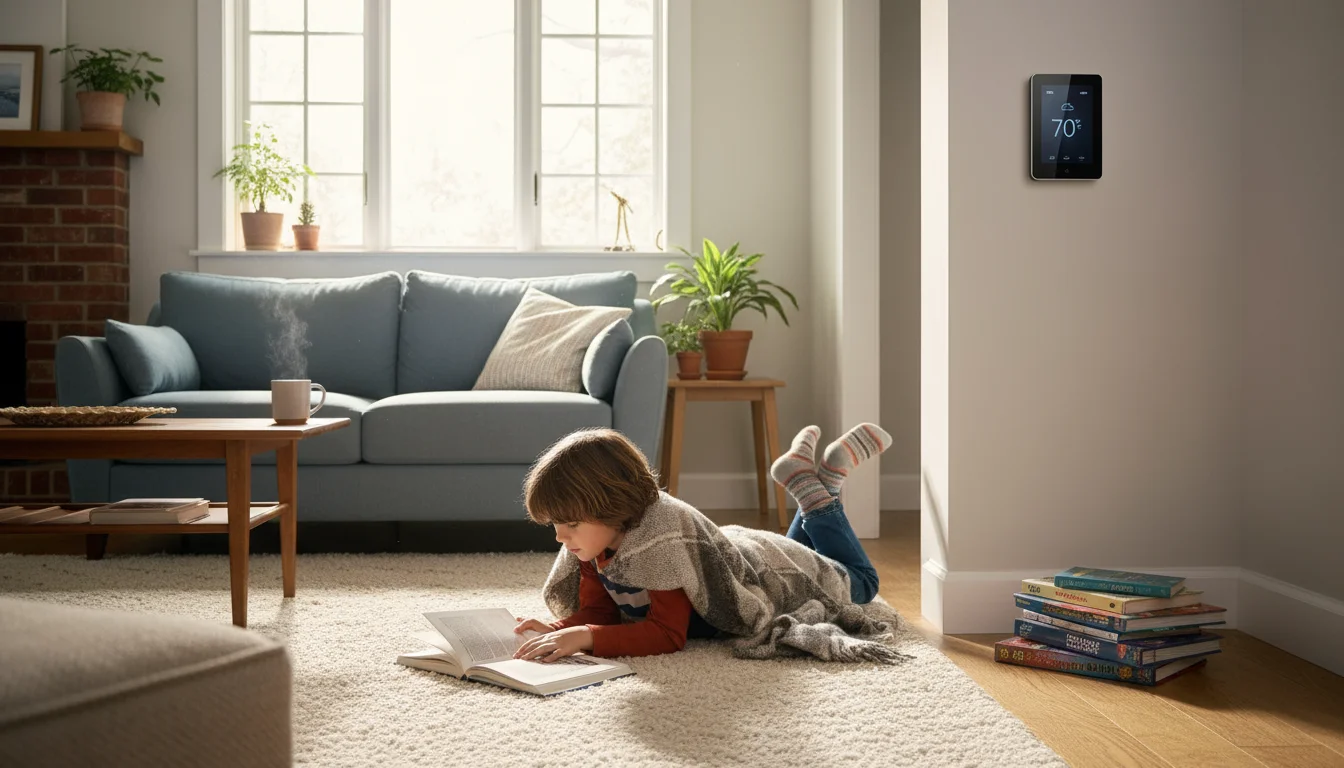 A child reads comfortably on a rug in a sunlit living room, an Ecobee thermostat visible in the background hallway, and a small remote sensor on a she