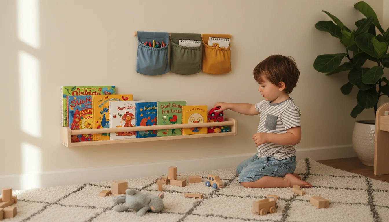A child's room wall with a low wooden shelf of books and fabric wall pockets holding art supplies. A child reaches into a pocket.